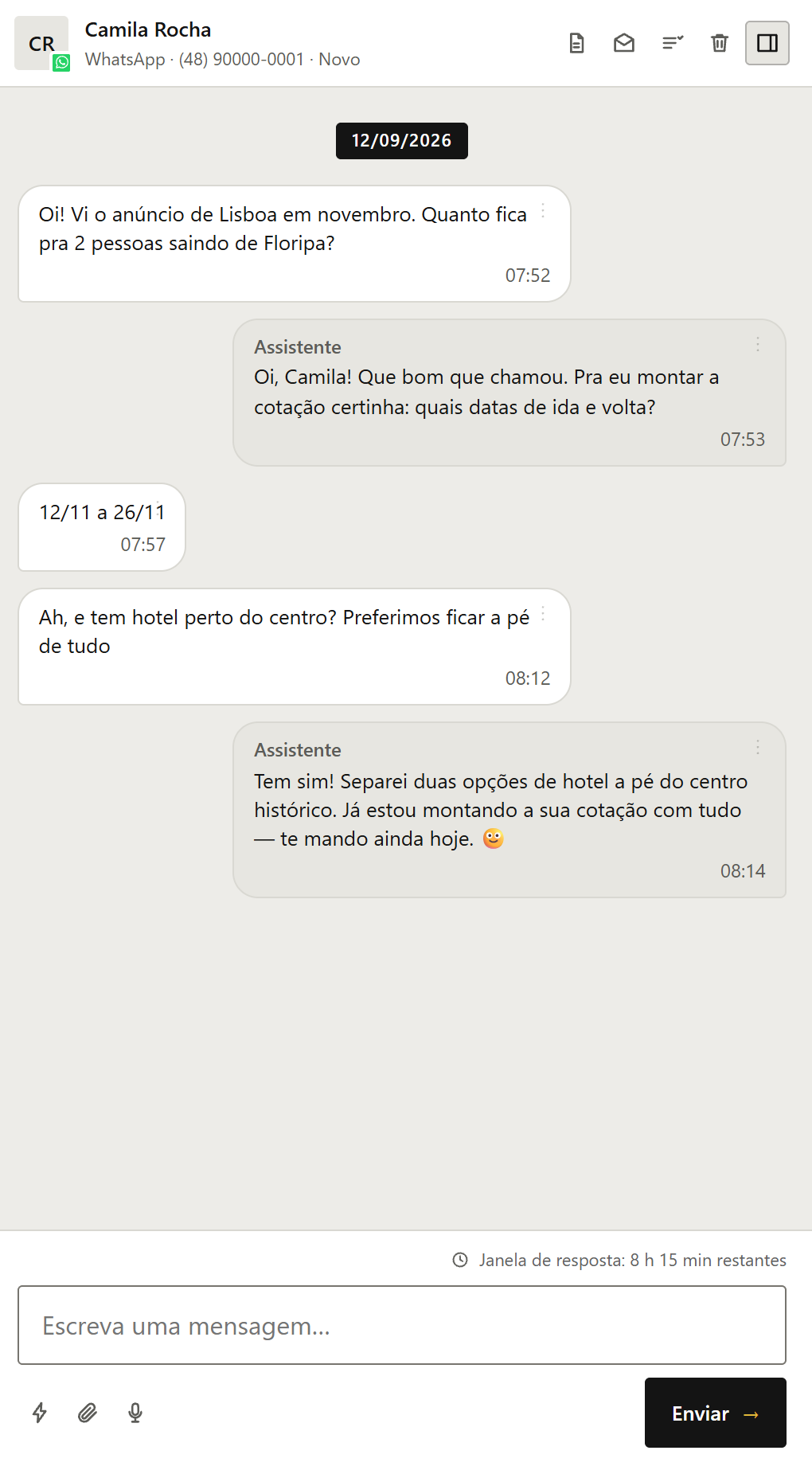 Uma conversa real da atendente no Embarque: a cliente pergunta de Lisboa, a atendente responde como gente — sem menu, sem “digite 1”